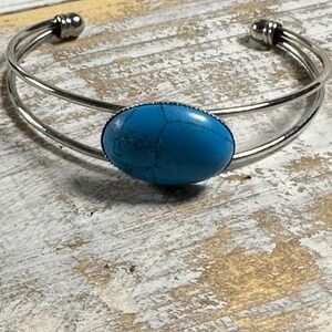 Bangle Bracelet Cuff Oval Stone Silver‎ Tone Up to 7.5" Wrist